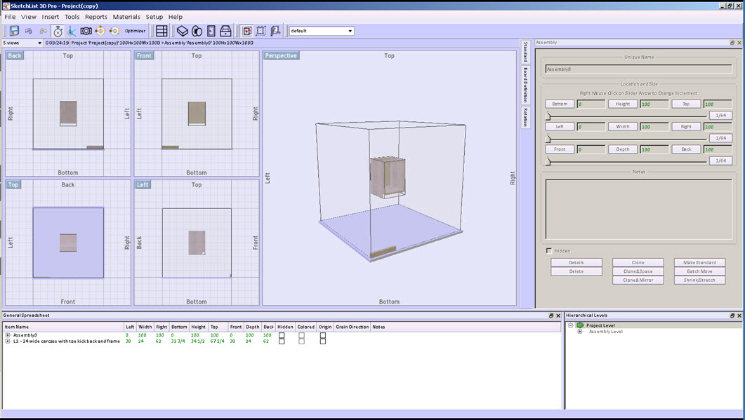 Lesson: Configuring the user interface in SketchList 3D. Summary: The user interface in SketchList 3-D refers to the various windows and forms as they are laid out on your computer screen. The different functioning of the form – for example the new board form – is covered in detail in the lesson on creating new boards. This lesson is an overview of how to configure your screen layout for optimal use. Lesson: User interface Learning Objectives 1. Learn the different segments of the main screen. 2. Learn how to reposition, resize, and locate screen elements. 3. Learn how you might benefit by having more than one monitor attached to your computer. 4. Understand how to save your screen arrangement for subsequent use. 5. Review of menu and icons. Learning Resources • Post • Videos • SketchList 3D Activities Start SketchList an important project. Move screen segments around on screen. Save screen arrangement. The default main screen SketchList 3-D is as follows. The main menu bar across the top and the icon ribbon below it are two of the elements that are fixed in place on the SketchList 3-D main screen. The image area to the right of the screen displays from one to seven different views of the design on which you are working. The more screens you show at one time the smaller they are appear. The spreadsheet, form with the object or container form, and the hierarchical levels form can be moved to make more room for the image area. Any or all of these three closed as well. To reopen go to the view menu item in the main menu form and select the element you want to reopen. The sheet, object or container, or hierarchical level form can also be moved. You may want to move one of these forms to a central position on your monitor for better viewing. Below is an example of what the screen look like when the assembly of form was centered. Depending on the stage of the design you may find you use one type of form more than the other. For example it seems when the design is further along the spreadsheet may become a better tool because it shows specific information about a specific element of the design in context with other information. To move one of these forms, simply click near the top with your mouse/cursor and slide the form where you want it to go. To put it back simply move it near the area where it was originally. With some experimentation you’ll see the different configurations of the screen that you can create. When you find a layout that works particularly well for you, or multiple layouts that work well in different situations, you can save those layouts for use at another time. To do this go to the main menu set up option and click it. And pick the layout option and click on create. A form will open for you to enter the name of this new layout. Enter the name click OK. On the main menu form to the right of the icon ribbon you’ll see a pulldown menu box. You pull that menu down you will see layouts that you have created and saved. Pick the layout you want to use for that session. Many users of SketchList 3D find that by maximizing the amount of screen available for the various forms and viewing areas increases productivity. One way to do this is to add one or more monitors to your computer. Most more-current laptops have an outlet on the back with which you can connect an exterior monitor. There are other connecting devices you can purchase for connection through your USB port which may allow you to support more than two monitors or displays. If you add an additional monitor you have the screen real estate to have a one monitor devoted to the image areas, and the other monitor to be devoted to an enlarged spreadsheet and the object/container form. Viewing area either a. let you see more of your design at once or b. let you zoom in to a very close detail. Explore the menu items by starting 3D on your computer and clicking on them one at a time. Most if not all entries on these menus is fairly straightforward. If a not a more detail description is available in this series of SketchList 3D lessons. The icons in the icon ribbon are as follows. 1. Save project 2. Un-do 3. Re-do 4. Stop-start the time. Notice the time spent working on a project is displayed directly under this icon. 5. Measuring context. Clicking this symbol toggles SketchList 3D to present all locational values (for example left right, or top bottom, or front back) to be based upon the distance between the point of origin (left, front, bottom all equal zero) of the individual assembly or for the project. 6. The camera icon starts the height quality photo rendering 7. The change material icon changes selected material in a project or assembly. 8. The second change material icon changes the textures. 9. Set explosion distance for exploded parts view. 10. Optimizer. 11. Insert assembly. 12. Insert board. 13. Insert hardware. 14. Insert door. 15. Insert drawer. 16. Turn on red dot stretch feature. 17. Turn on blue corner locator feature. 18. Display point of origin on containers and objects. On the line below the icon ribbon there is a pulldown menu with which you set the number of image areas viewed at one time. Next to that is a time display showing amount of time spent designing a project. Next to that is information about the project assembly and various containers.