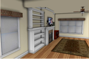 Left angle view 3D rendering of a living room with a white fireplace mantle, a TV cabinet on the right, and white bookshelf on the left