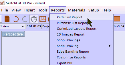 parts list report menu