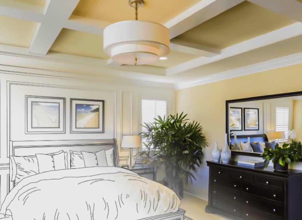 Beautiful custom bedroom drawing gradation into photograph