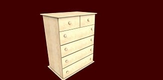 3D rendering of a light wooden dresser on a dark red background
