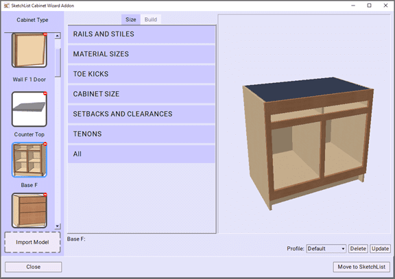 The screen for the automated cabinet design tool Cabinet Wizard