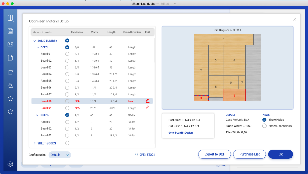 Cut List Optimizer screen shot in SketchList 3D