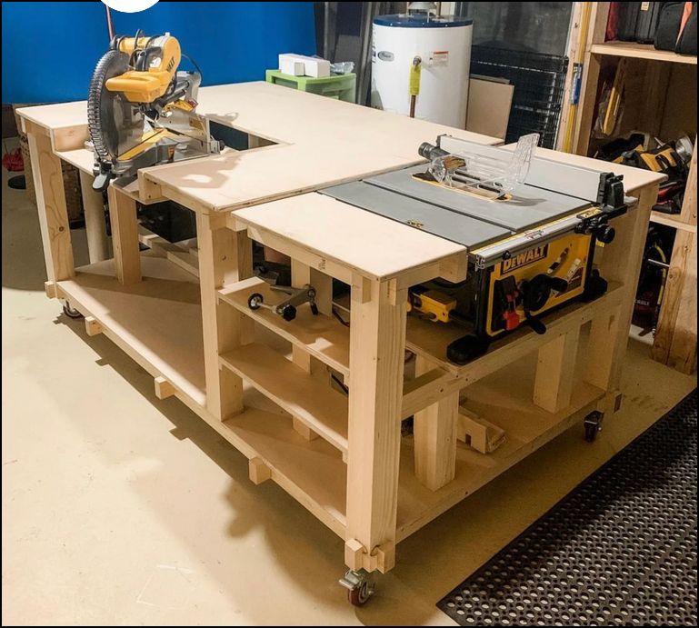 Woodworking workbench with saw